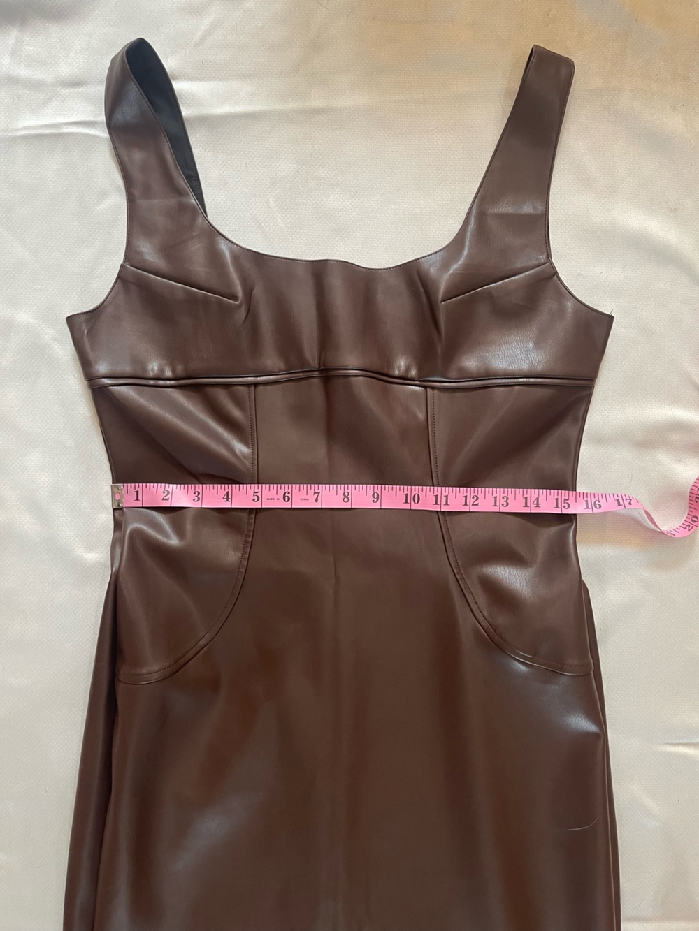 COMMENSE Dark Brown Tone Faux Leather Square Neck Midi Dress Size L NWT - Picture 12 of 16